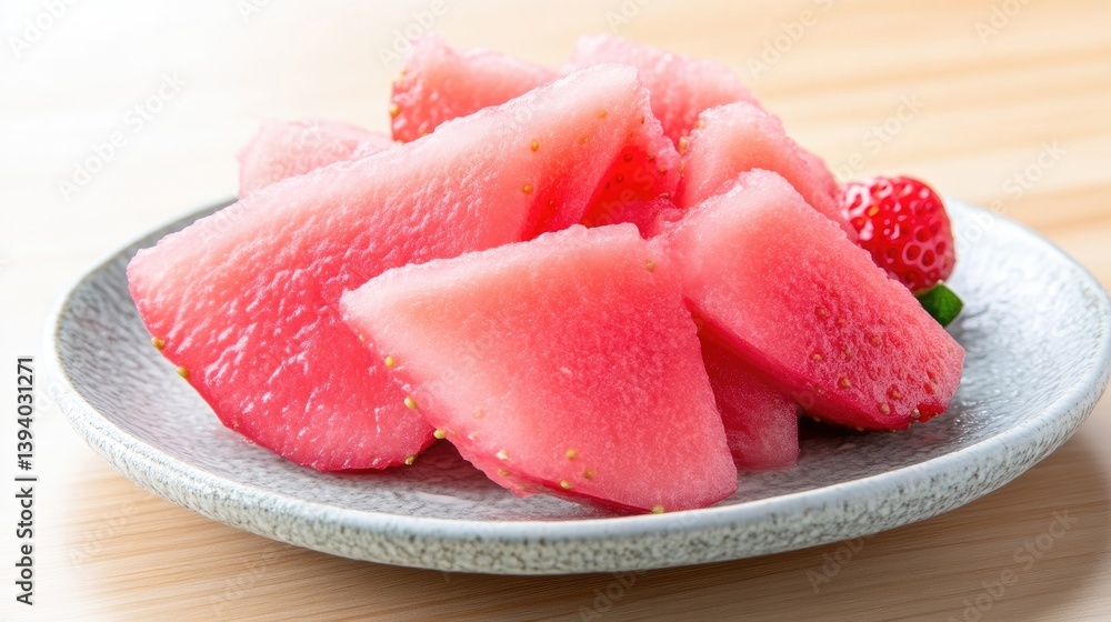 Pink sliced fruit, pickled or preserved. Arrangement of vibrant pink, sliced fruit pieces on a gray plate Pink sliced fruit, pickled or preserved. Arrangement of vibrant pink, sliced fruit pieces on a gray plate
