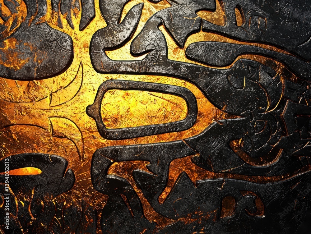 Fototapeta premium Textured artwork featuring a dynamic interplay of black sculpted elements against a glowing, luminous golden backdrop creating contrast.