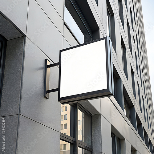 Signage Display: A close-up of a contemporary building facade featuring a minimalist, blank square sign. Ideal for design and branding applications.