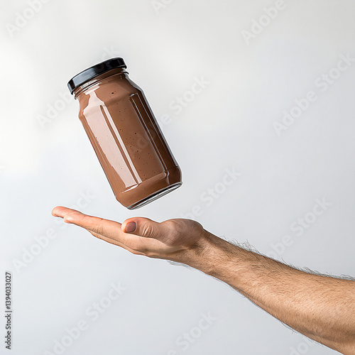 Floating jar of Chocolate Delight: A jar of chocolate sauce floats elegantly above a raised hand against a neutral background. A visual ode to culinary arts and simple food.