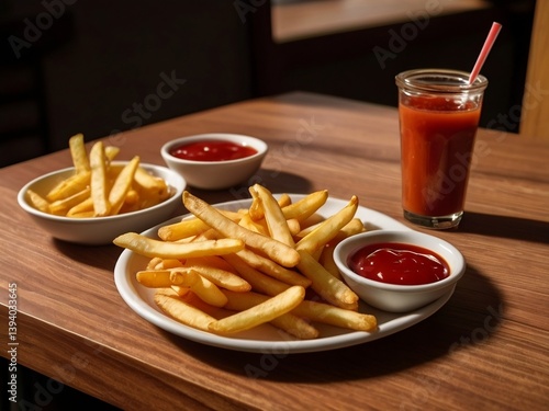 french fries with ketchup and tomato juice.