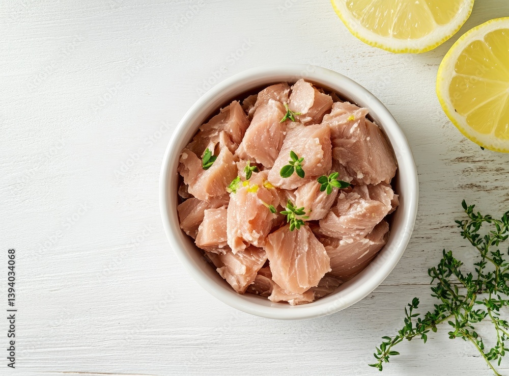 Diced Tuna in Bowl with Lemon and Thyme Ready for Cooking Diced Tuna in Bowl with Lemon and Thyme Ready for Cooking