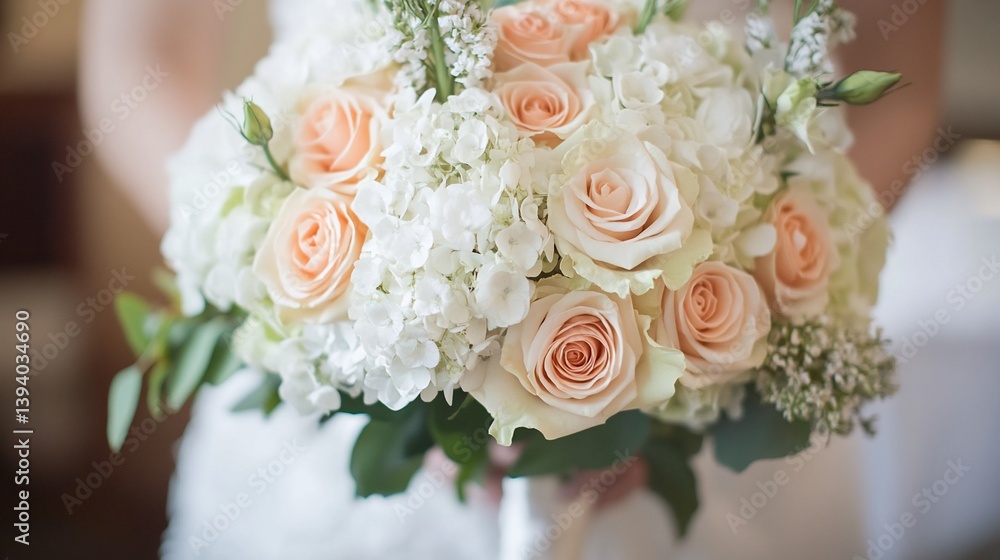 Close-up of bouquet, soft colors. Roses, hydrangeas, and filler. Wedding Close-up of bouquet, soft colors. Roses, hydrangeas, and filler. Wedding