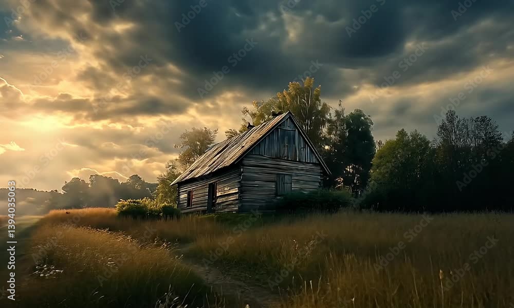 Rustic wooden house at sunset in a field. Rustic wooden house at sunset in a field.