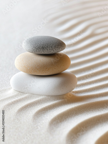 Japanese zen garden, dry garden. Pebble balancing stones in the white sand. Concept of meditation, relaxation, harmony and balance.