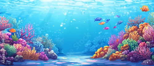 Fototapeta Naklejka Na Ścianę i Meble -  Underwater coral reef landscape. Underwater coral reef landscape super wide banner background in the clear blue ocean with colorful fish and marine life. 