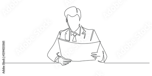 one continuous line of serious businessman reading document.one line drawing of businessman reading company report.single line vector illustration.isolated on white background