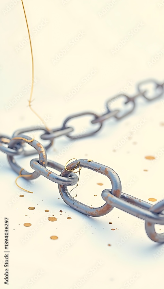 Fototapeta premium Illustration of a broken chain being mended by golden thread, symbolizing recovery, healing, and mental health awareness. Gentle colors and copy space make it ideal for wellness campaigns. 