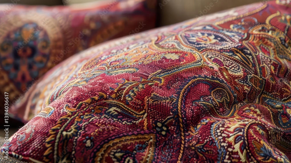 Close-up of decorative pillows with intricate patterns and rich colors. Close-up of decorative pillows with intricate patterns and rich colors.