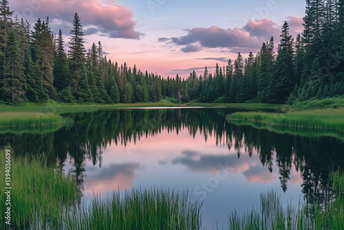 Wallpaper Mural A tranquil lake nestled between rolling meadows, surrounded by tall pine trees, with the water perfectly mirroring the soft pink hues of the evening sky Torontodigital.ca