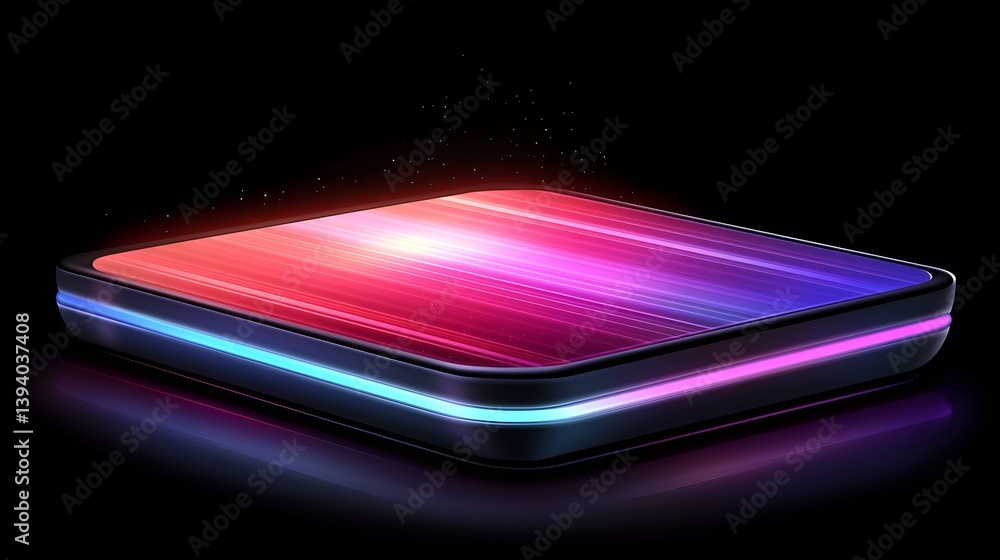A rectangular device is glowing with colorful neon light details A rectangular device is glowing with colorful neon light details