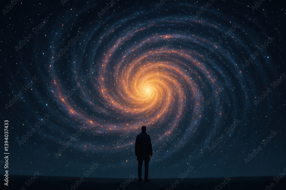 Obraz premium mesmerizing landscape captures soul as figure gazes into swirling cosmos, evoking wonder and contemplation