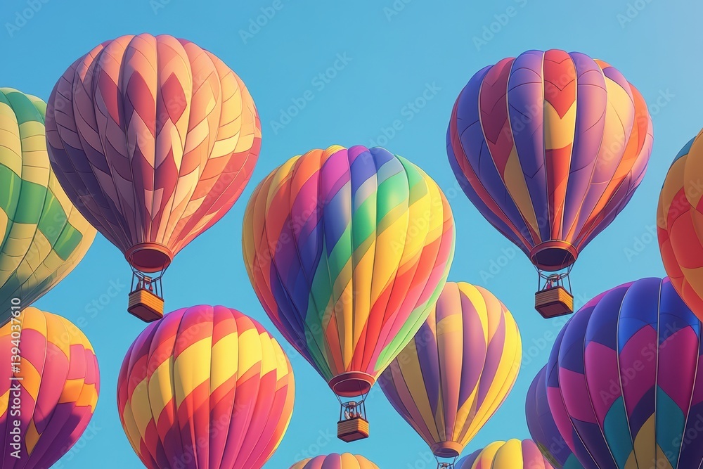 Fototapeta premium Vibrant hot air balloons floating against a bright blue sky above view