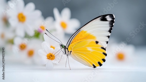 Delicate butterfly on a bed of white flowers.  A vibrant yellow and white butterfly rests gently on a cluster of small white flowers, showcasing delicate wings and intricate patterns. 