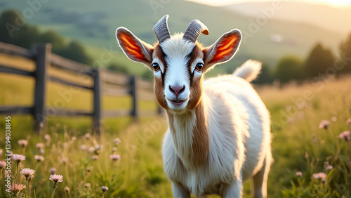 A goat with horns and a white face stands in a field of flowers. The goat is looking at the camera with a smile on its face. The scene is peaceful and serene