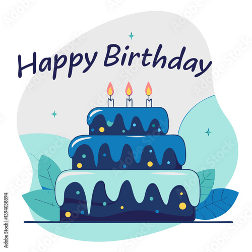 A delightful three-layered birthday cake with blue frosting, lit candles, and colorful sprinkles, set against a soft, pastel background.
