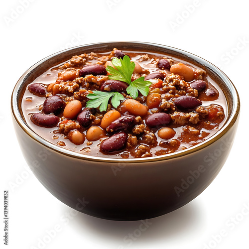 A warm bowl of chili with beans and ground beef, isolated white background, minimalist style
