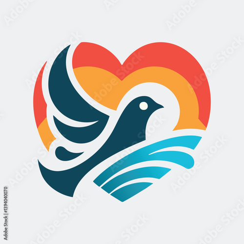 Konstfotografi Graceful design featuring a flying bird, blue waves, and a warm heart