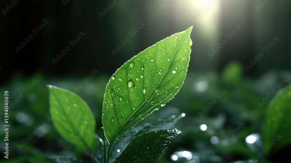 Fototapeta premium Fresh, vibrant green leaves, glistening with morning dew, bathed in sunlight. Lush foliage in a forest setting