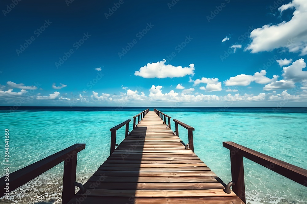 Fototapeta premium Wooden Dock Extends Into The Turquoise Waters Of A Serene Ocean, Under A Bright Blue Sky Dotted With Fluffy White Clouds, summer concept