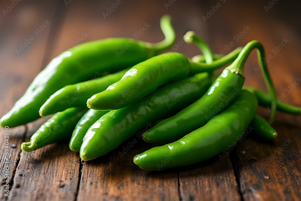 Fresh green chili peppers arranged on a rustic wooden surface. Ideal for culinary, agricultural, or food-related content with a natural and organic food. Food ingredient background Fresh green chili peppers arranged on a rustic wooden surface. Ideal for culinary, agricultural, or food-related content with a natural and organic food. Food ingredient background