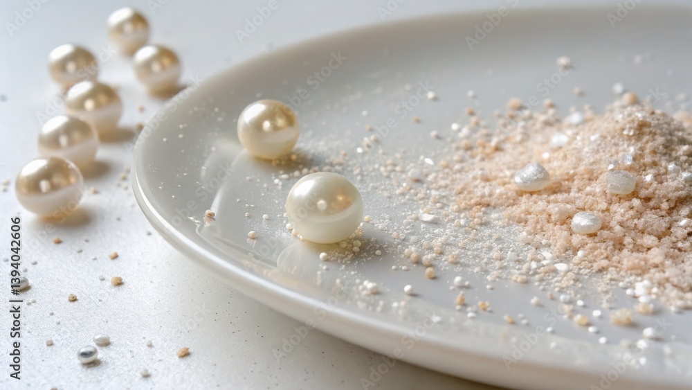 Extract for Supplementary Food Concpet. Elegant Composition of Pearls and Powder on a White Plate for Luxe Aesthetic Extract for Supplementary Food Concpet. Elegant Composition of Pearls and Powder on a White Plate for Luxe Aesthetic