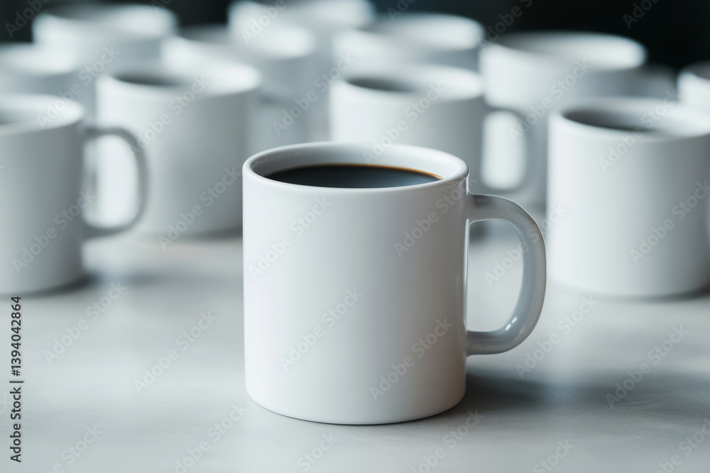 Minimalist Design of White Coffee Mugs Arranged in a Soft Focus Background for Casual Settings