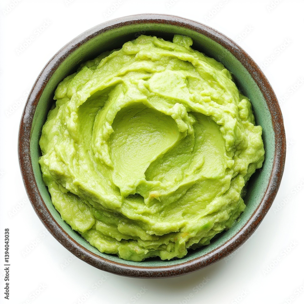 A close-up photo of a bowl of creamy mashed avocado, on a white background A close-up photo of a bowl of creamy mashed avocado, on a white background
