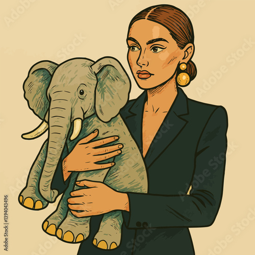 Woman Holding Plush Elephant Toy in Studio Illustration Style