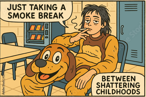 Cartoon Person Smoking with Dog Character Between Childhoods Illustration