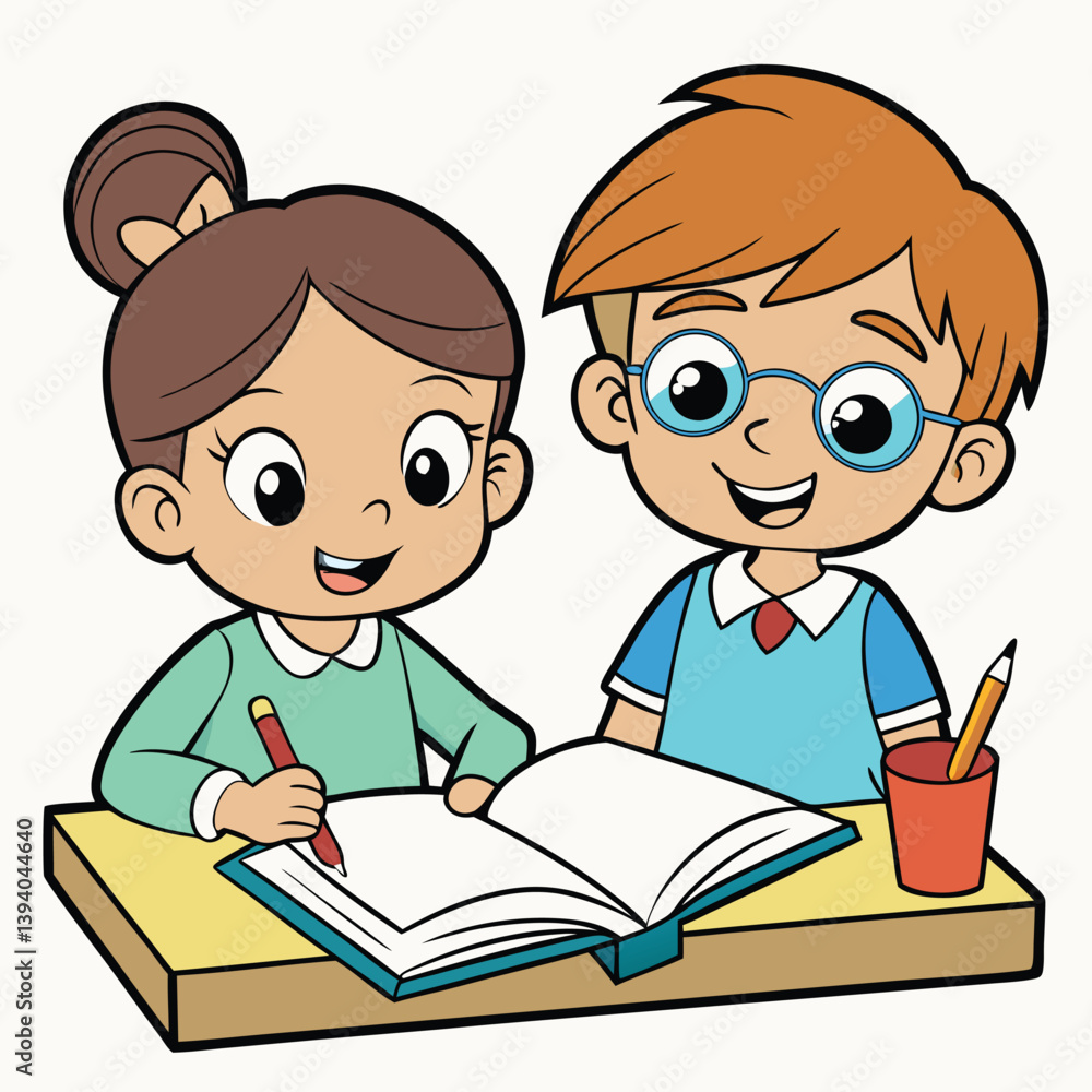 Happy Children Studying Together at Desk with Book and Pencil