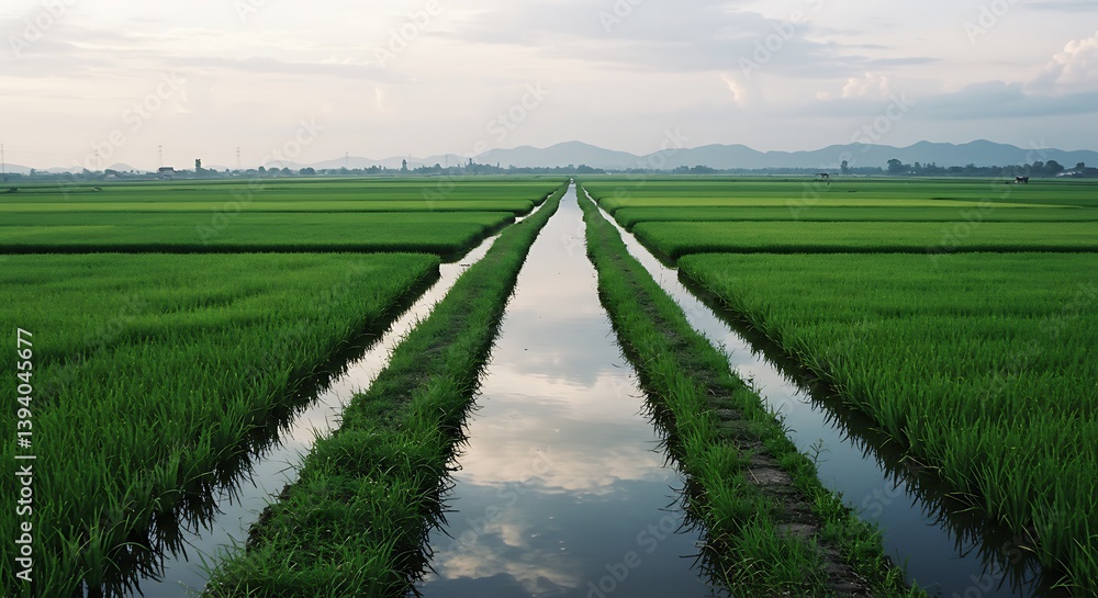 Naklejka premium Lush Green Rice Field Landscape with Waterway Reflecting Cloudy Sky
