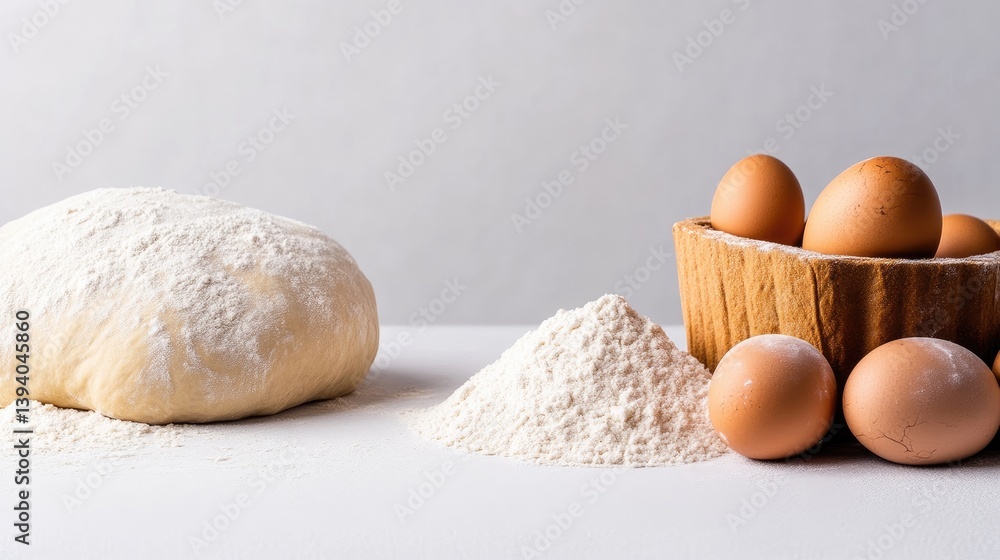 Fresh dough, flour, and eggs ready for baking Fresh dough, flour, and eggs ready for baking