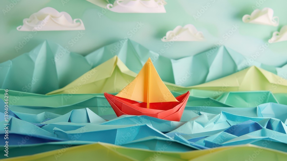 Obraz premium A colorful paper boat sailing on a stylized ocean with mountains and clouds in the background.