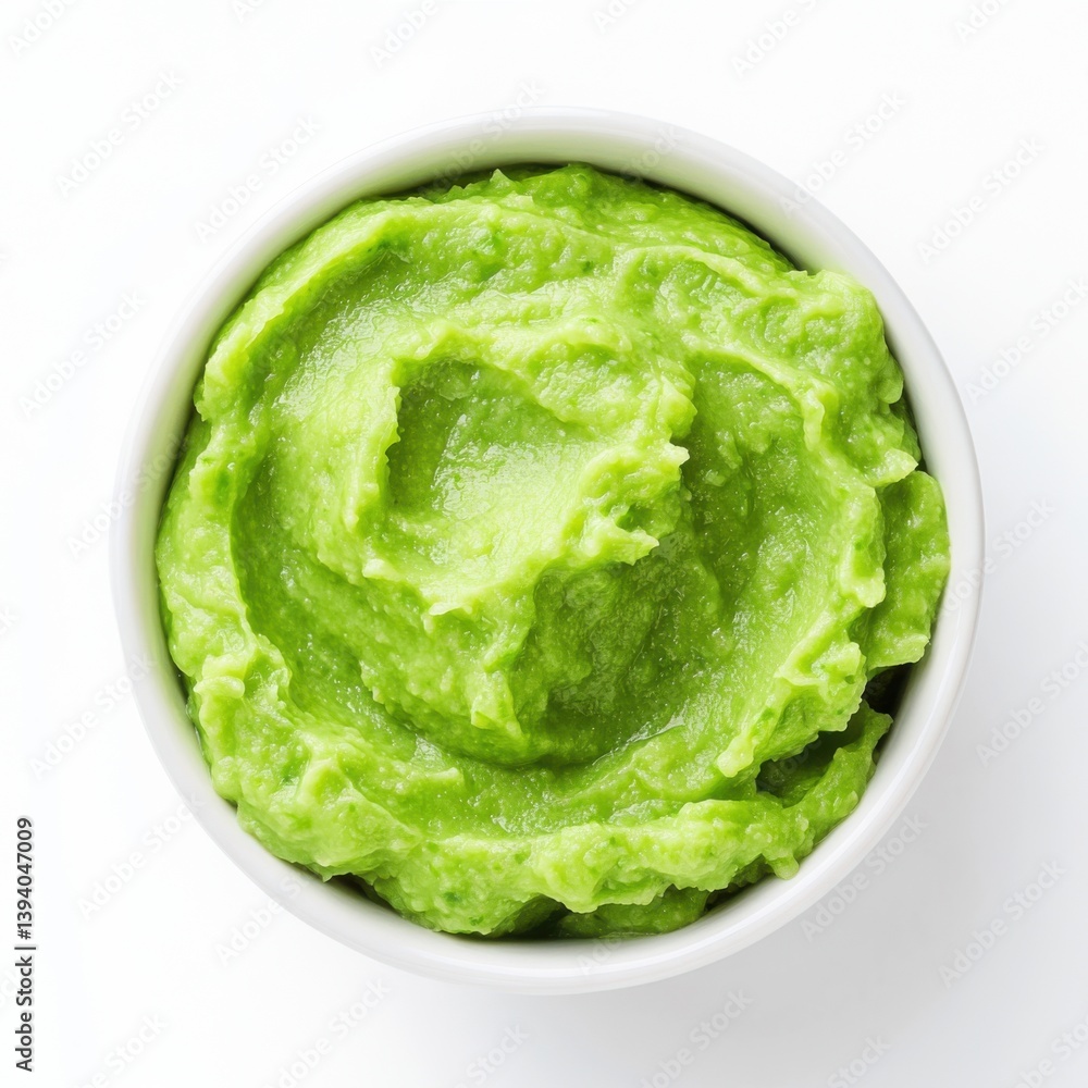 A close-up photo of a bowl of soft pureed peas, on a white background A close-up photo of a bowl of soft pureed peas, on a white background