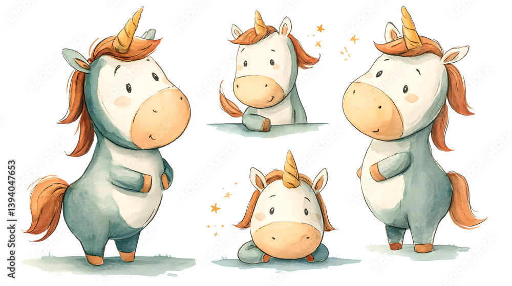 Naklejka premium Five Adorable Watercolor Baby Unicorns in Playful Poses