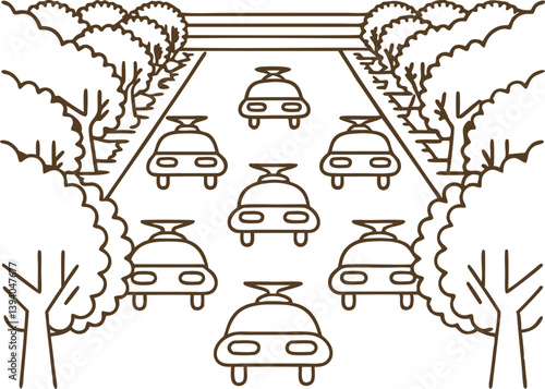Line of self driving cars on street aligned with trees and steps under clear sky