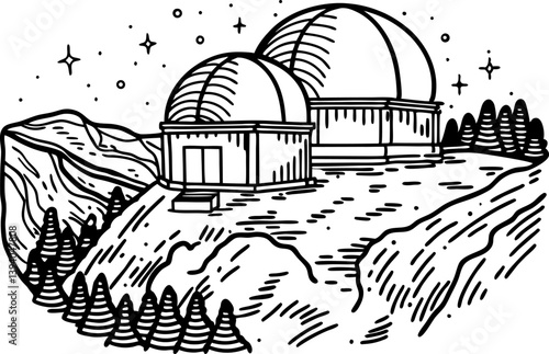 Mountain observatory illustration with starry night sky and telescope domes