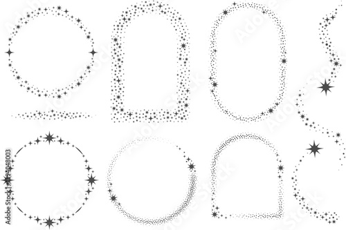 Magic frame with stars with ornament. Vector celestial border elements. Round and arch decorative vintage elements. Abstract cosmic shapes with glowing sparkles.