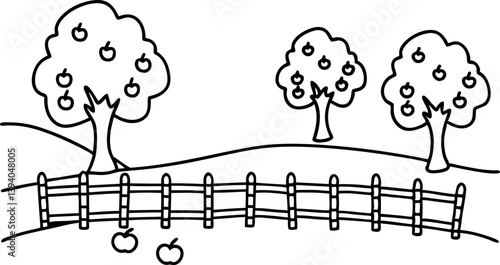 orchard scene with apple trees and a wooden fence, simple line art illustration for coloring