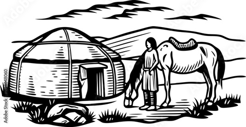 Nomadic life yurt, rider, and horse in traditional landscape
