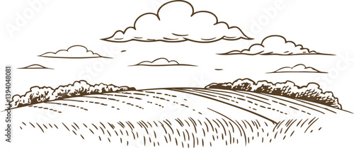 scenic countryside landscape sketch, rolling hills, clouds, fields, nature illustration