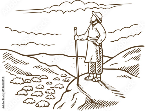 Vintage explorer gazing over scenic landscape with clouds and hills in caravan illustration