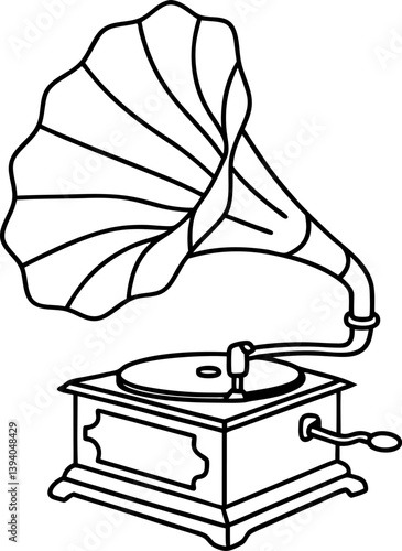 Retro gramophone illustration, antique music player with horn speaker and hand crank design