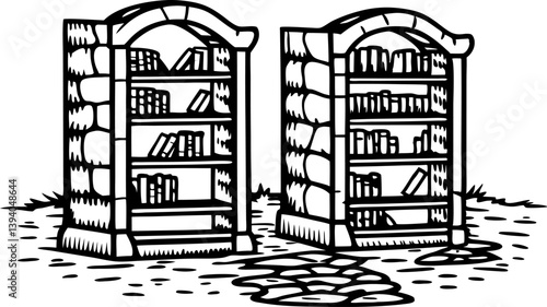 Ancient stone bookshelves vintage library books, historic architecture, brick shelves illustration