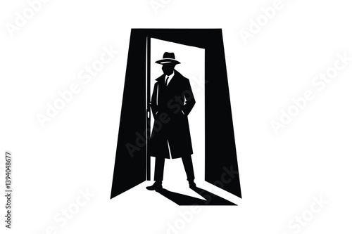 Detective is standing in the open doorway silhouette