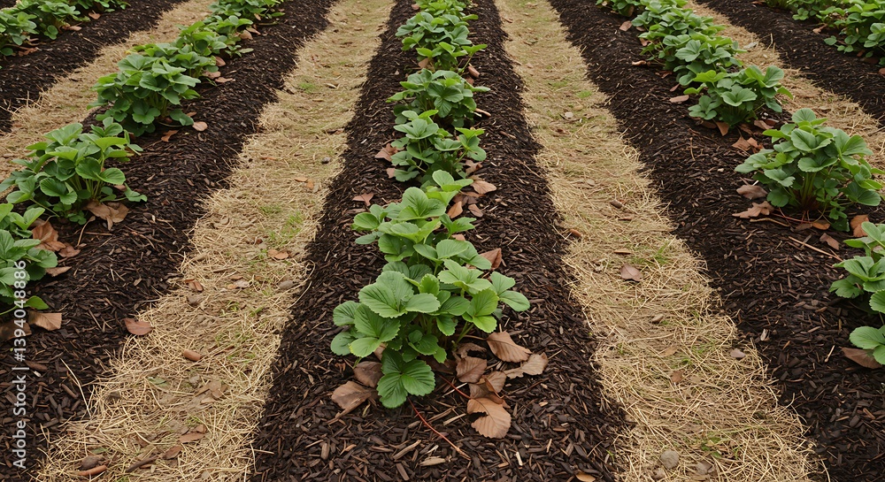 Rows of Growing Green Strawberry Plants in a Garden with Mulch and Straw Rows of Growing Green Strawberry Plants in a Garden with Mulch and Straw