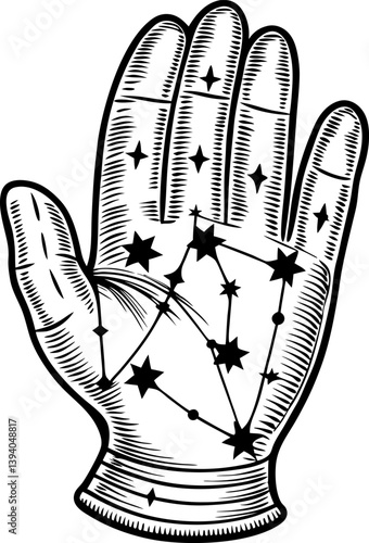 astral palmistry hand illustration with celestial constellations and stars in cosmic art design