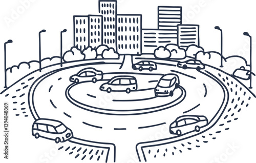 urban roundabout with cars, cityscape backdrop traffic circle sketch, modern architecture illustration