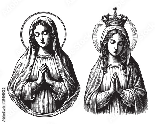 holy virgin mary with halo engraving woodcut vector illustration